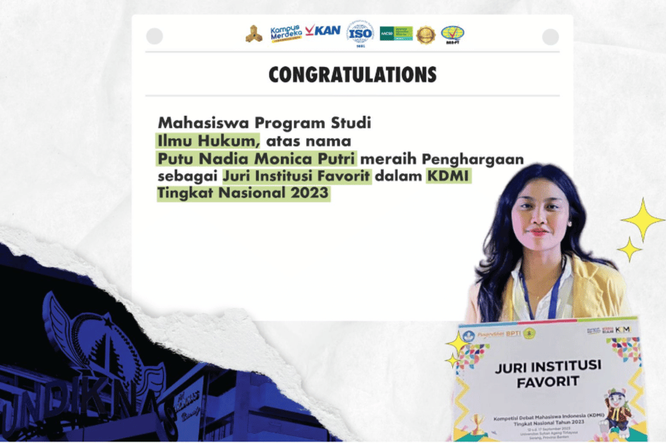 Mahasiswa Universitas Pendidikan Nasional, Putu Nadia Monica Putri, Raih Penghargaan Juri Institusi Favorit dalam KDMI Tingkat Nasional 2023